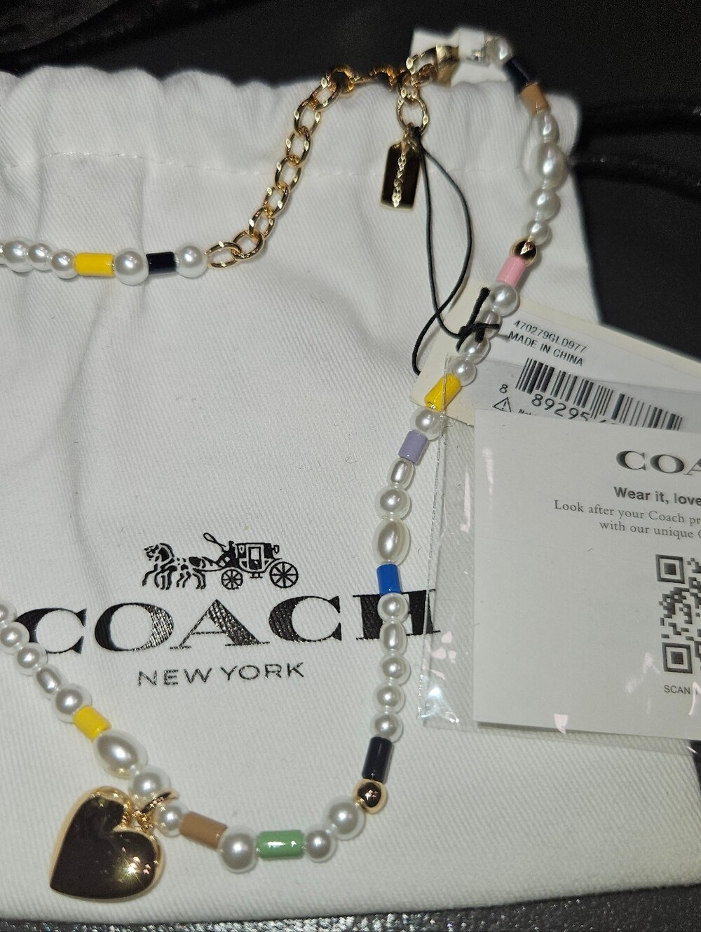 Coach Pearl Necklace with Gold Heart and Multicolor Beads